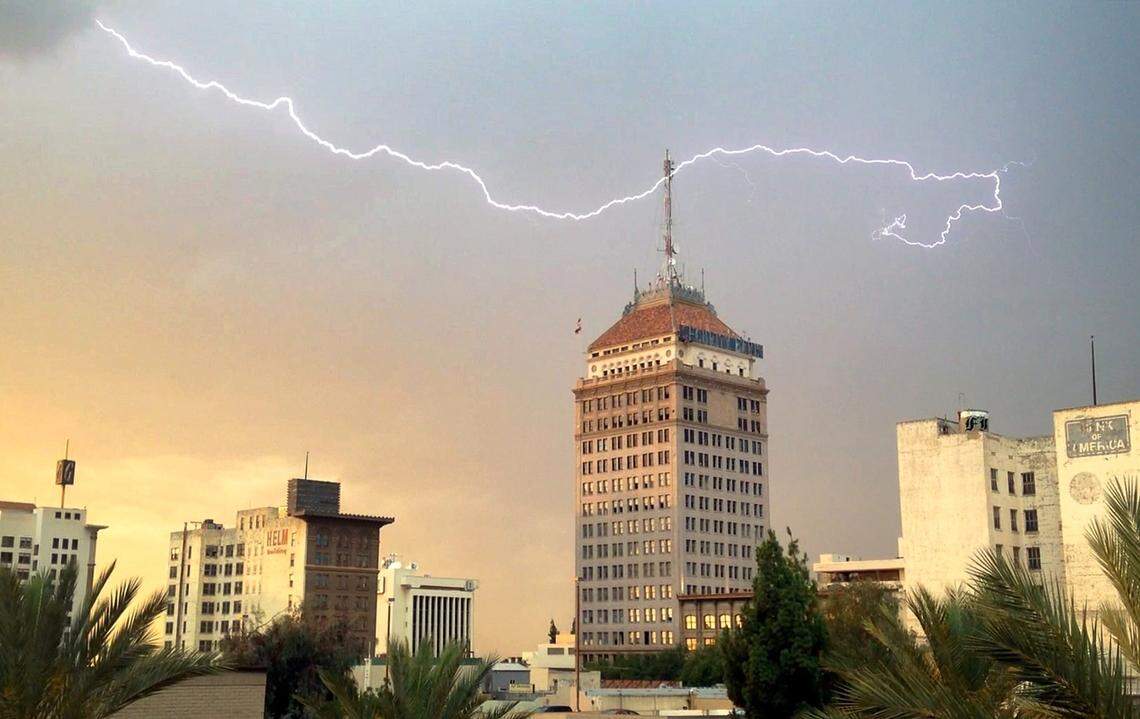 A lightning strike is seen over downtown Fresno from Chukchansi Park on July 18, 2015.