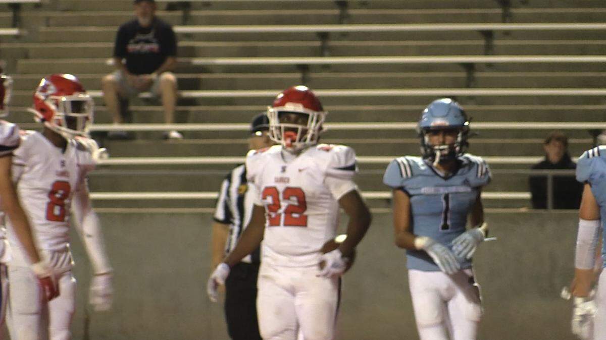 Sanger High running back Israel Robles scores a touchdown against Bullard in a County/Metro Athletic Conference game on Thursday, Oct. 19, 2023.
