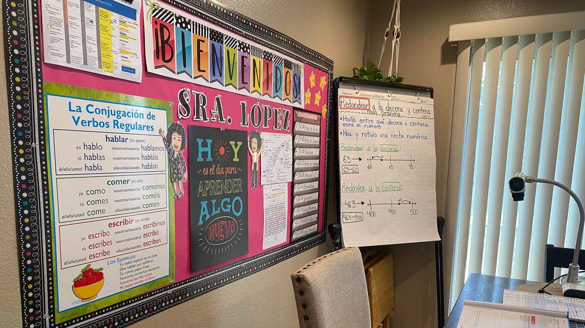 Cristina Lopez’s classroom home set-up is in her family’s dining room.