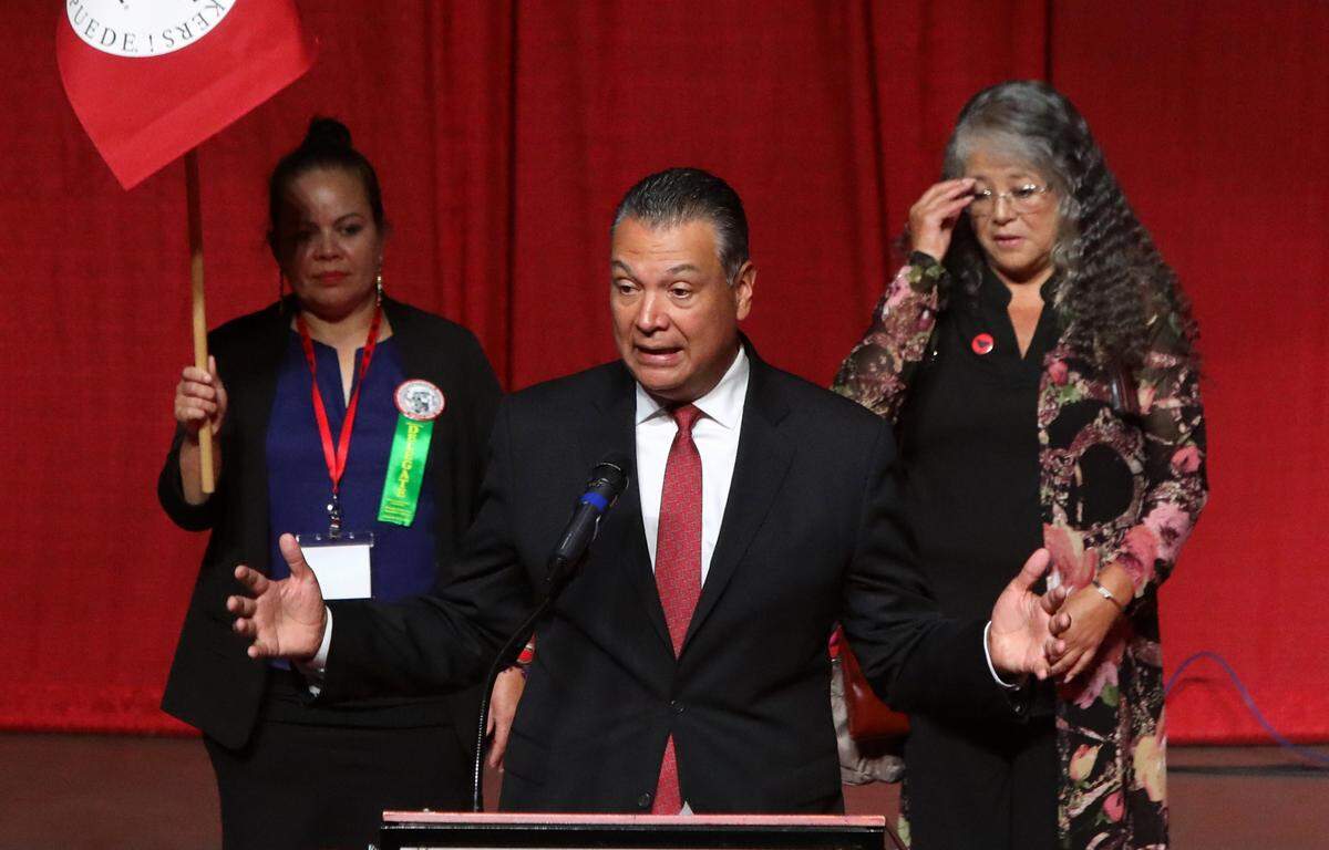 Sen. Alex Padilla, D-California, seen here at last year’s United Farm Workers constitutional convention in Bakersfield, has more than $6 million cash on hand for his next campaign.
