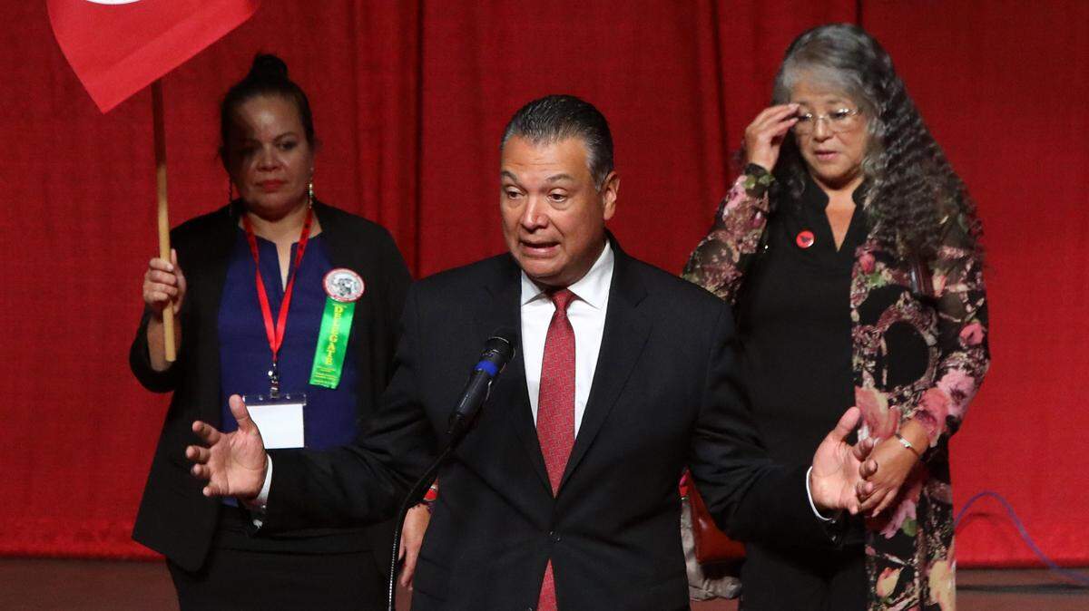 Sen. Alex Padilla, D-California, seen here at last year’s United Farm Workers constitutional convention in Bakersfield, has more than $6 million cash on hand for his next campaign.