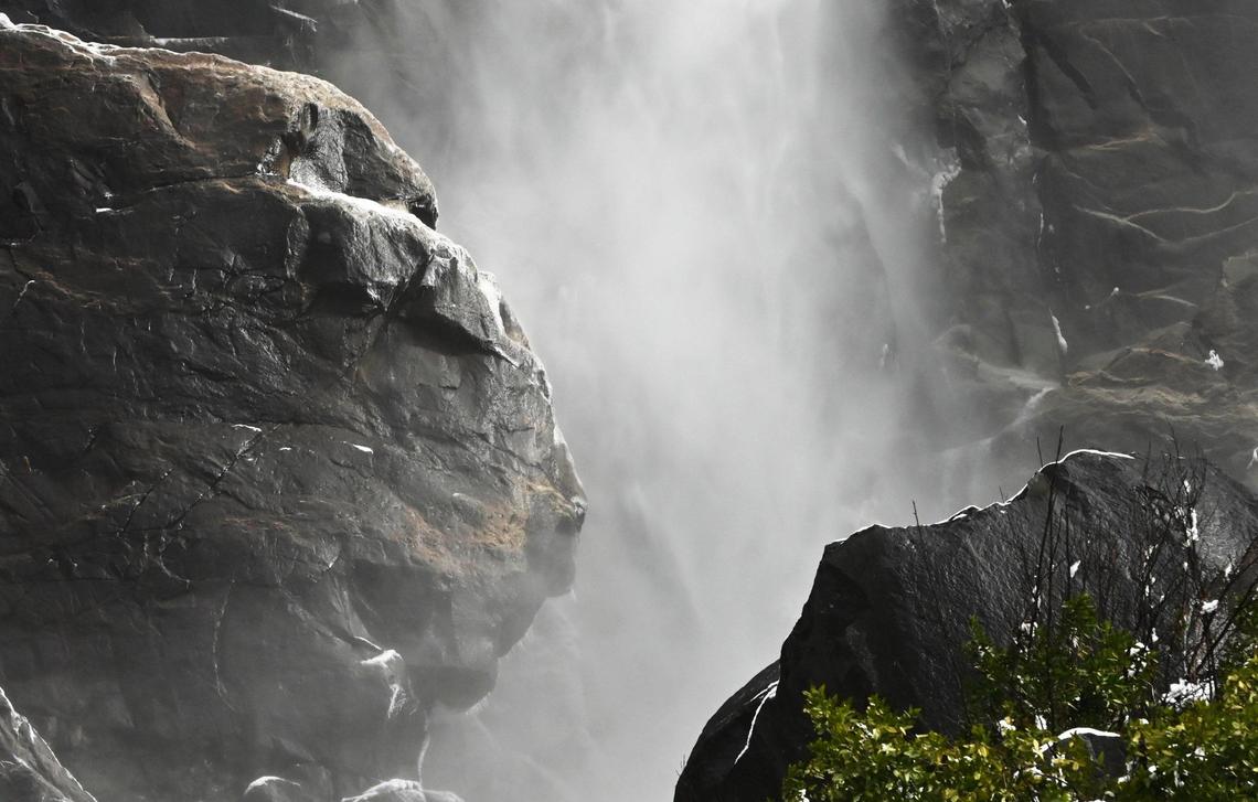 The mist from Bridalveil Fall in Yosemite Valley is seen Friday, Feb 9, 2024 in Yosemite National Park.