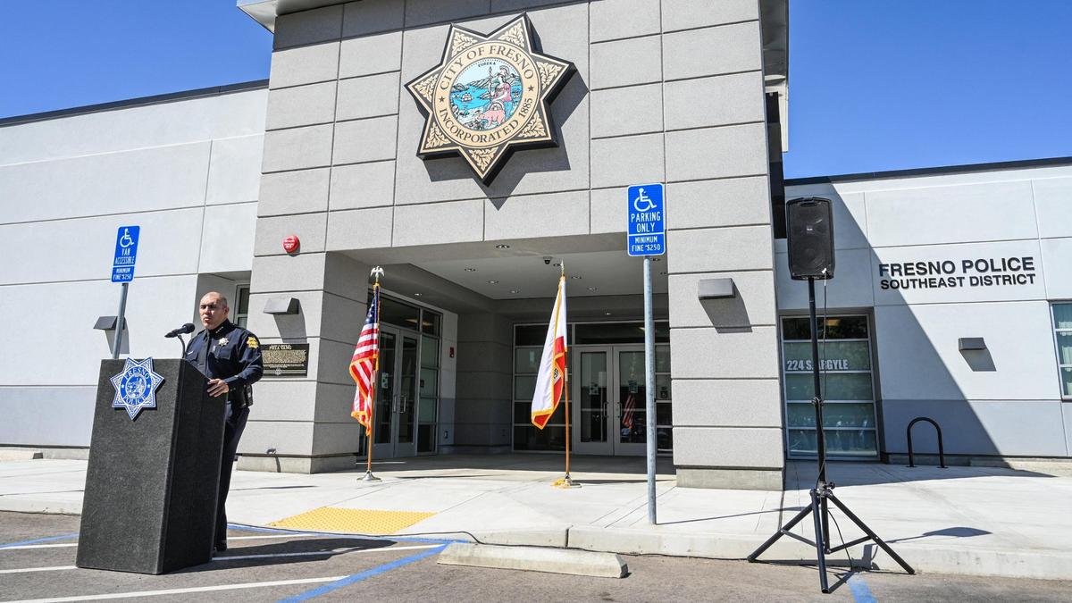 Fresno Police Chief Paco Balderrama speaks about former Fresno police officer Phia Vang during a dedication ceremony for the Fresno Police Department’s southeast district station, which is being named in honor of Vang, on Friday, April 15, 2022.