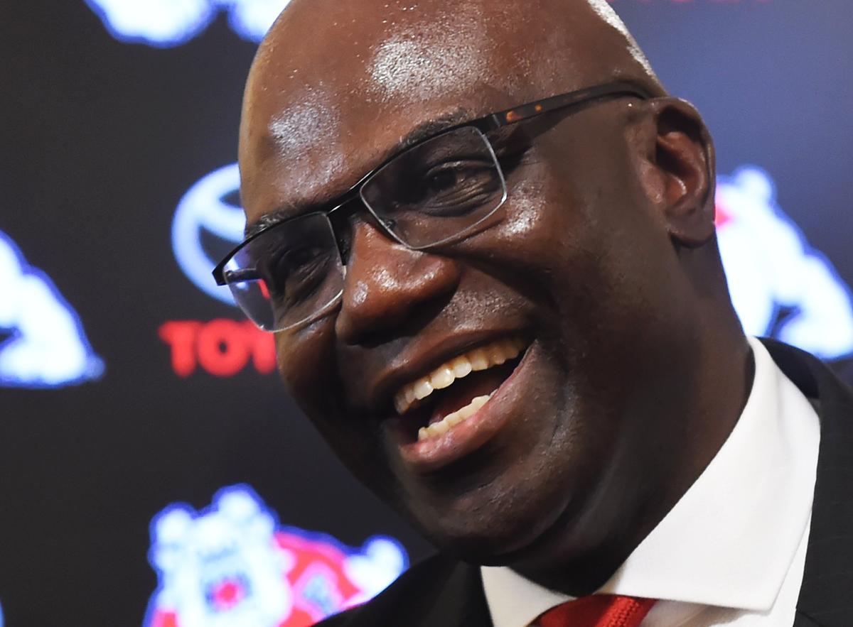 Fresno State athletic director Terry Tumey smiles following his introductory news conference in June 2018 at the Save Mart Center.