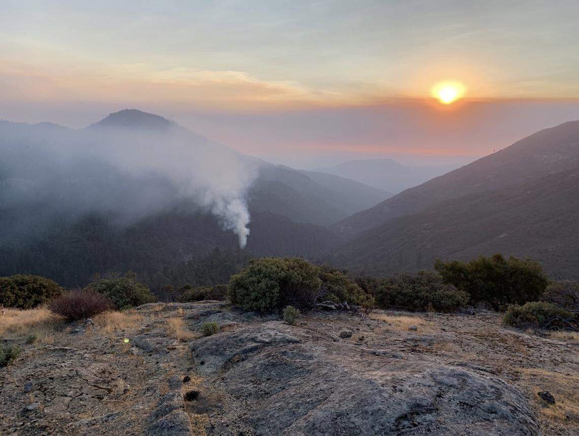 From this small blaze in rugged Big Creek Canyon, as photographed from the fire station helipad in Big Creek, California, on the evening of Sept. 4, 2020, the Creek Fire quickly grew into one of the largest wildfires in state history.