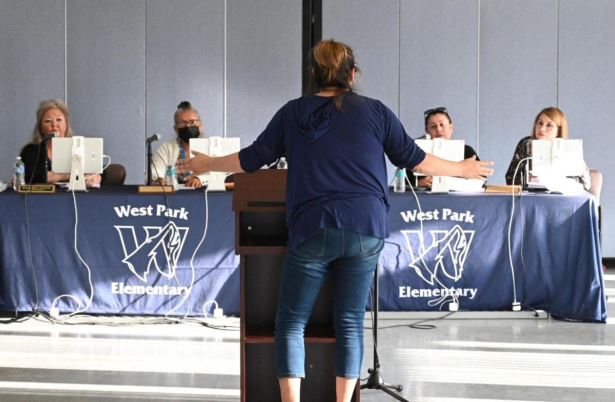 Amalia Garcia, center, addresses the West Park school board urging board members to play a stronger role in their elected positions, Monday evening May 9, 2022 in Fresno.