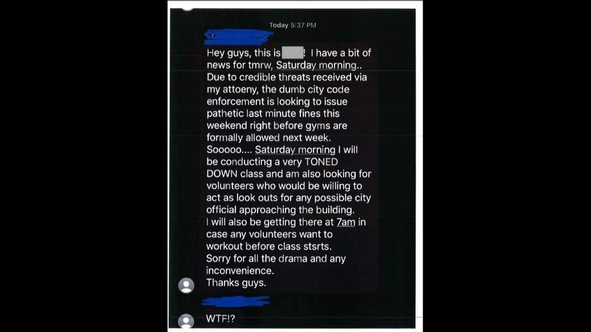 A text message from the owner of Warrior Fitness.