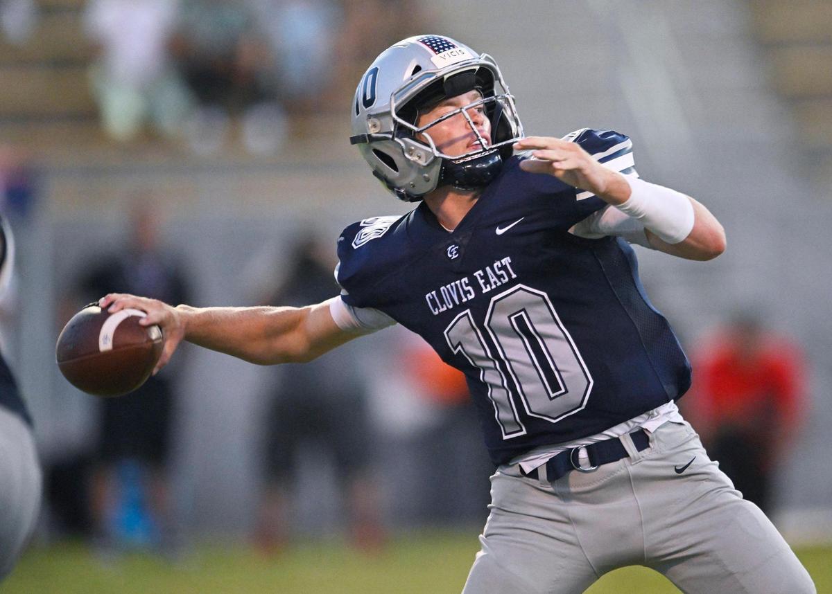 Clovis East quarterback Tyus Miller passes against Sanger in the Silver Spear trophy game Thursday, Aug. 31, 2023 in Clovis.