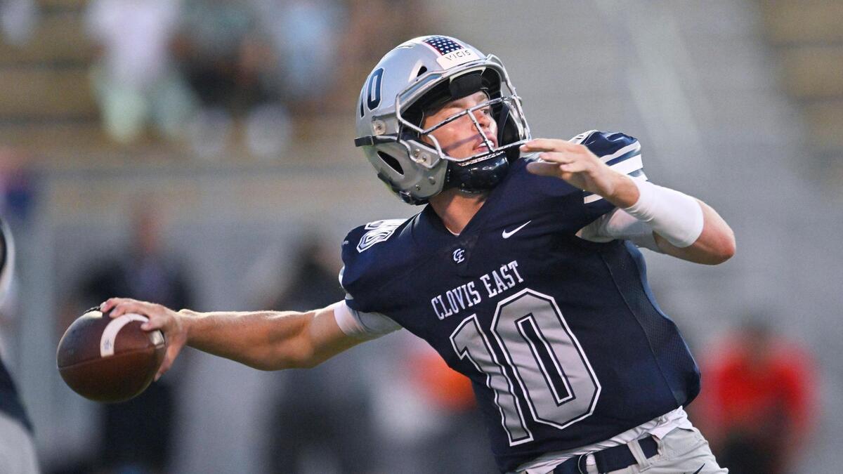 Clovis East quarterback Tyus Miller passes against Sanger in the Silver Spear trophy game Thursday, Aug. 31, 2023 in Clovis.
