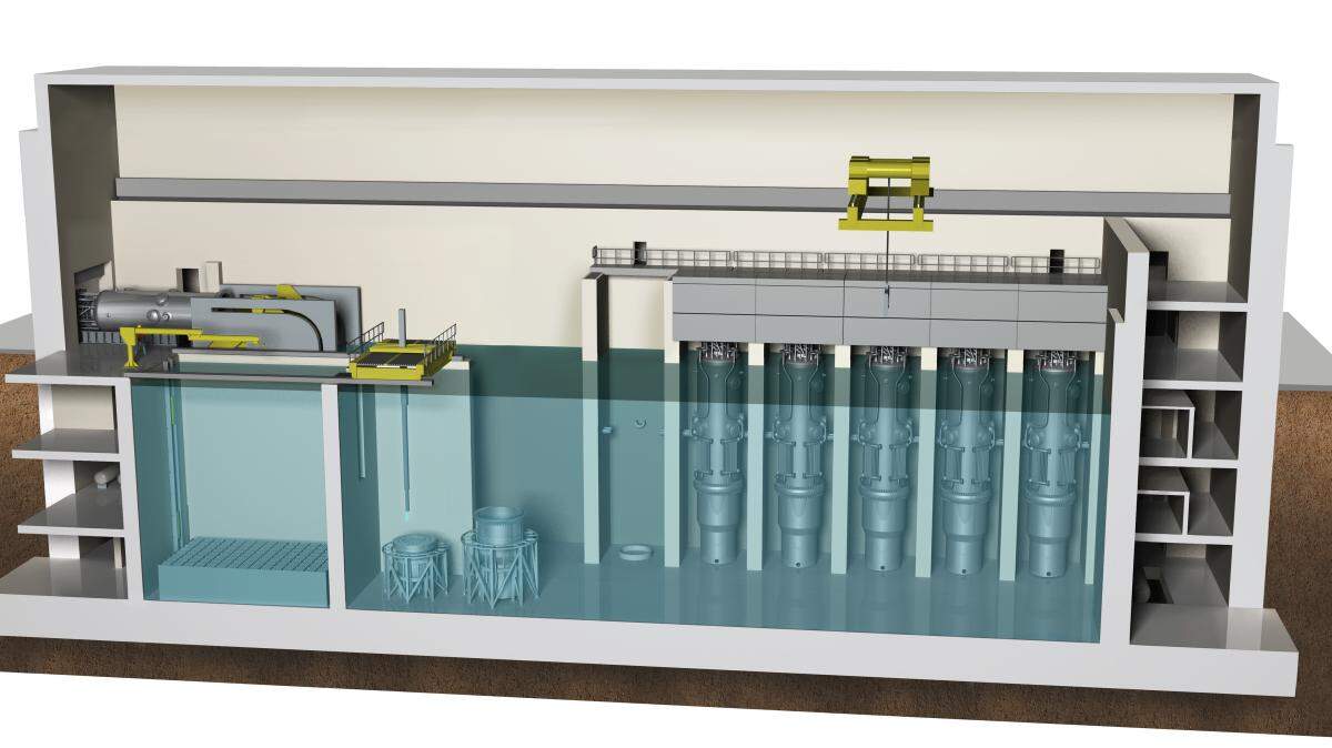 This is a side view of what a small modular nuclear reactor looks like