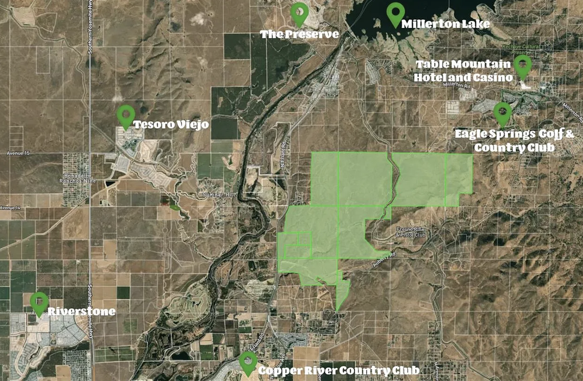 The green area on the map represents the property that’s long been owned by the Blasingame family and has been for sale since July. There are 3,344 acres of land located just north of Fresno and south of Millerton Lake, as well as between Friant Road and Auberry Road. The asking price is $117 million