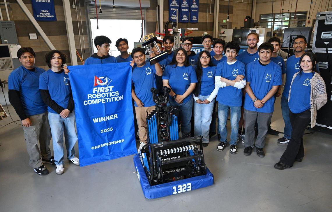 Madera Unified’s MadTown 1323 Robotics team, made up of students from four high schools, poses after winning its third World Championship. Photographed Tuesday, May 13, 2025 in Madera.