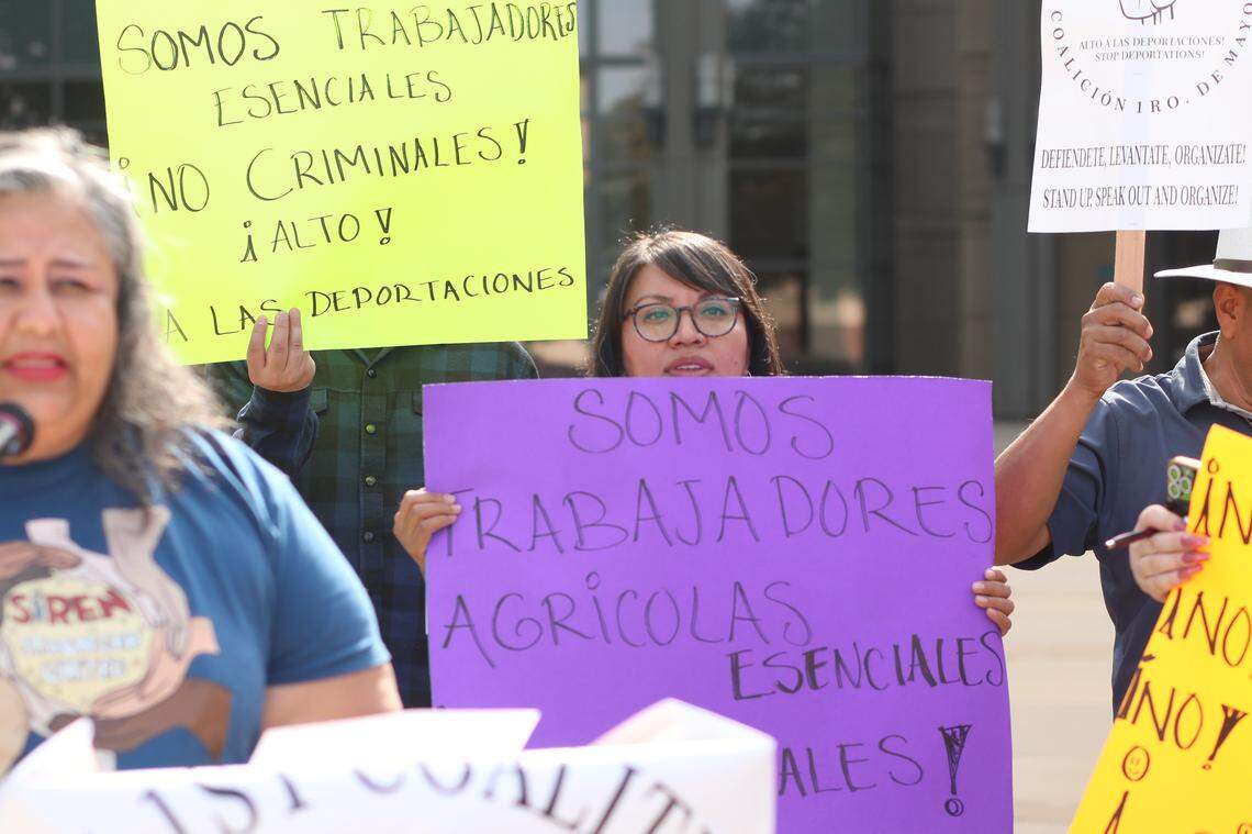 The May 1st Coalition, a broad coalition of community-based organizations and residents, urges the immigrant community to protect themselves against immigration crackdown during a press conference outside of the Robert E. Coyle United States Courthouse, in downtown Fresno on Oct. 1, 2025.