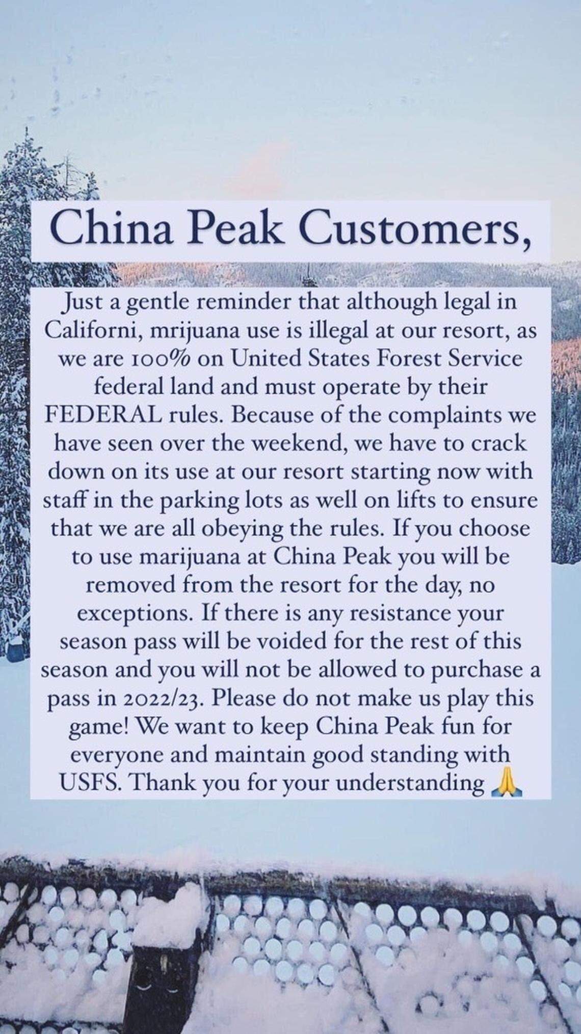 A screenshot of the original post China Peak Mountain Resort shared Sunday, Dec. 19, 2021 as an Instagram story about cracking down on marijuana use at China Peak. The resort issued a softer statement the following day on Facebook.