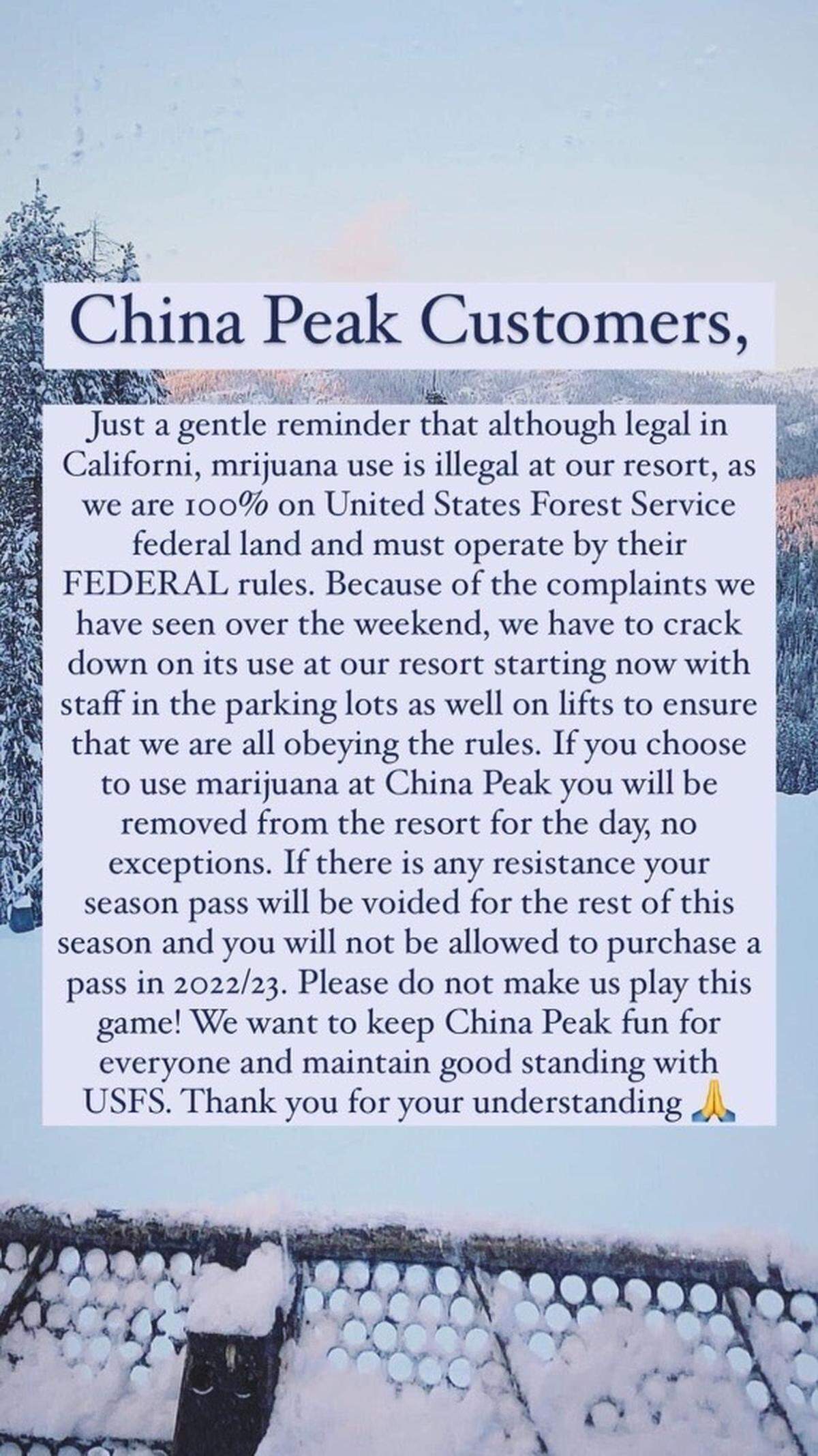 A screenshot of the original post China Peak Mountain Resort shared Sunday, Dec. 19, 2021 as an Instagram story about cracking down on marijuana use at China Peak. The resort issued a softer statement the following day on Facebook.