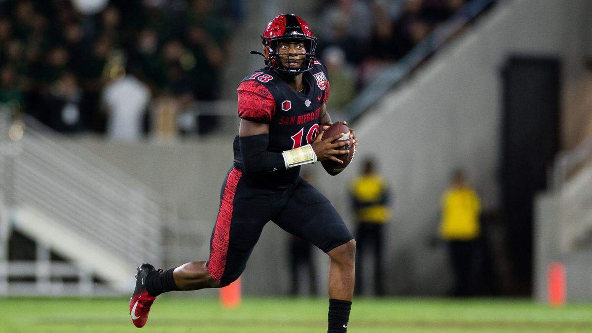 San Diego State quarterback Jalen Mayden was playing on the other side of the football at safety at the start of the season. He has hit 59% of his passes in two games at quarterback with one touchdown and no interceptions.
