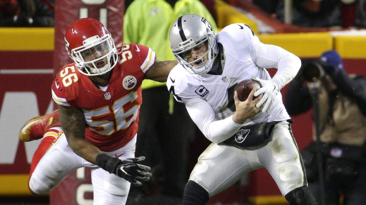 Kansas City Chiefs linebacker Derrick Johnson (56) puts pressure on Oakland Raiders quarterback Derek Carr (4) during the second half of an NFL football game in Kansas City, Mo., Sunday, Jan. 3, 2016. (AP Photo/Charlie Riedel)