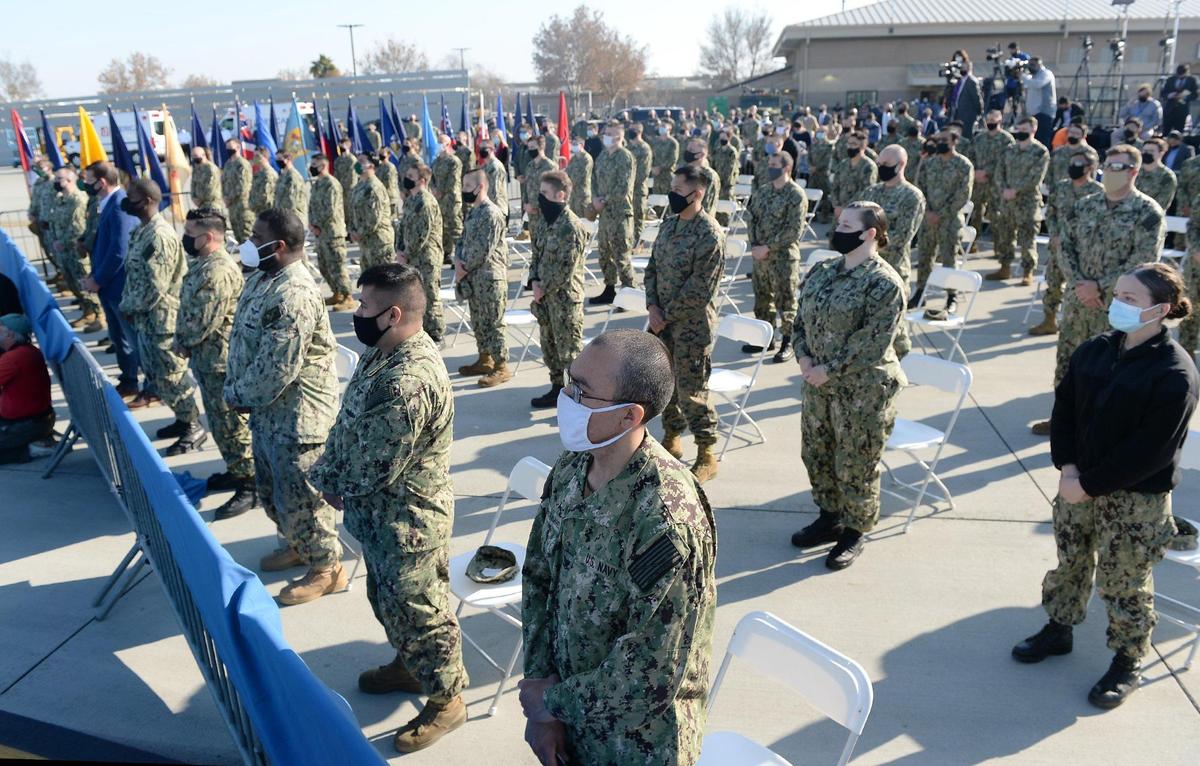 Airmen and women listen as Vice President Mike Pence delivers a speech at Lemoore Naval Air Station on Saturday, Jan. 16, 2021.