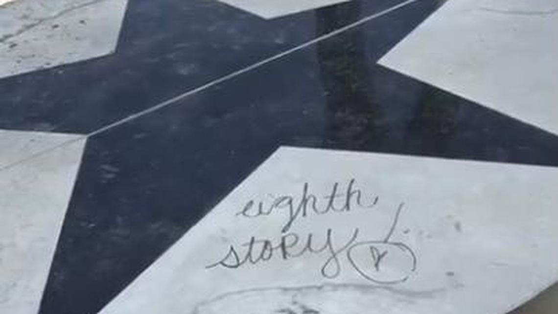 A black marker was used to write “eighth story!” on the granite centerpiece of the Corcoran’s Five Pillars of Freedom monument. County Supervisor offers a $500 reward.