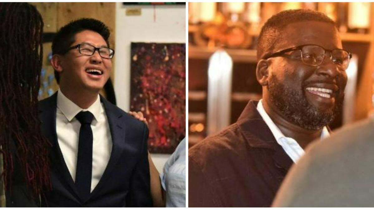 Merced City Council District 6 candidates Fue Xiong, left, and Delray Shelton, right are nearly tied for the seat. Both are shown at their respective election night parties on November 8, 2022.