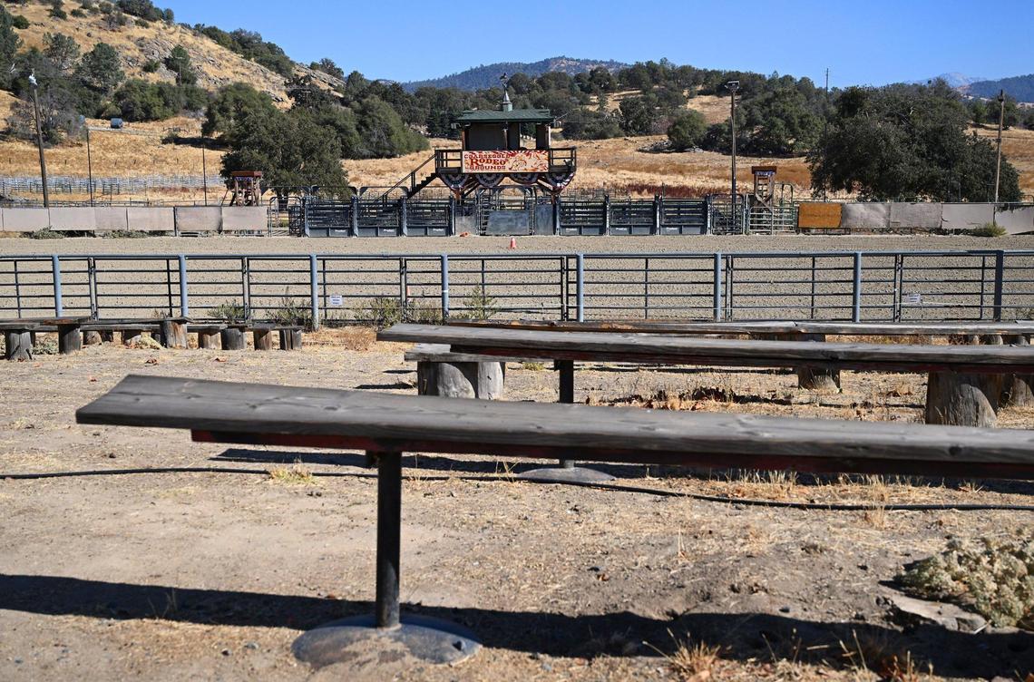 The announcer’s booth is seen in the background at the Coarsegold Rodeo Grounds. New owners Ryan and Melissa Steward have plans to rejuvenate the arena and its offerings. Photographed Friday, Nov. 8, 2024 near Coarsegold.