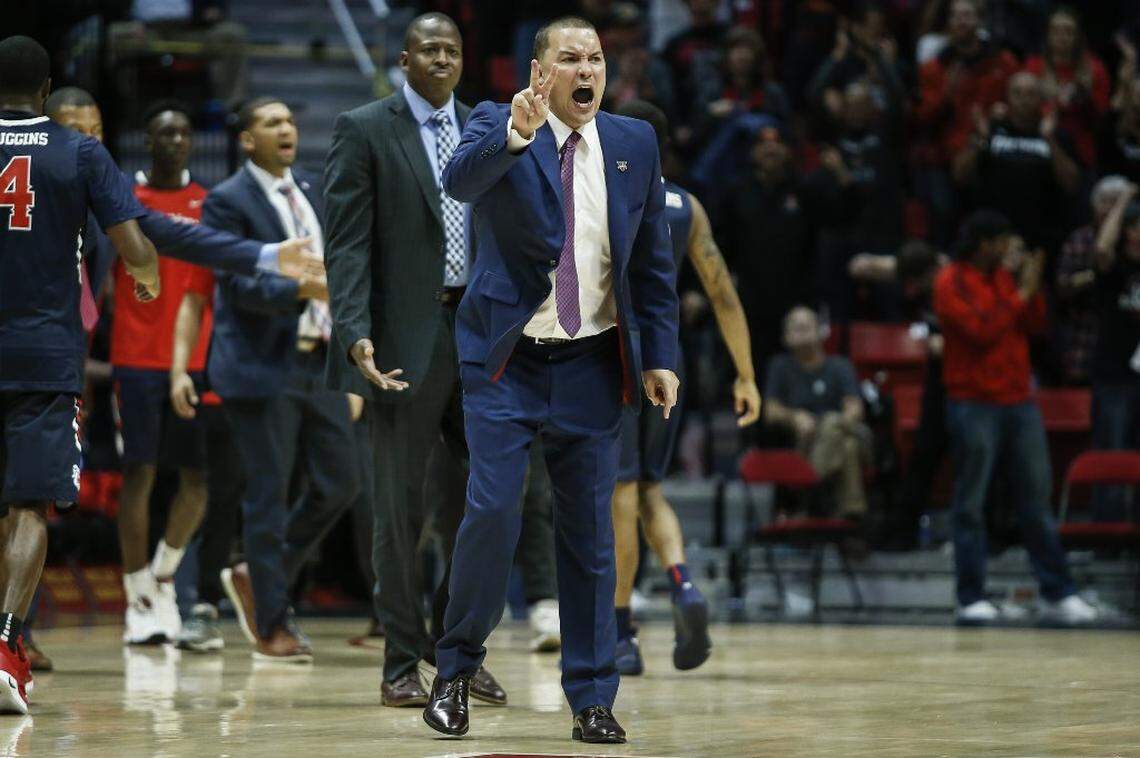 Fresno State coach Justin Hutson, seen in a file photo, has the Bulldogs off to a 10-3 start for the second time in his tenure. The Bulldogs are ranked 50th in the NCAA NET ratings.