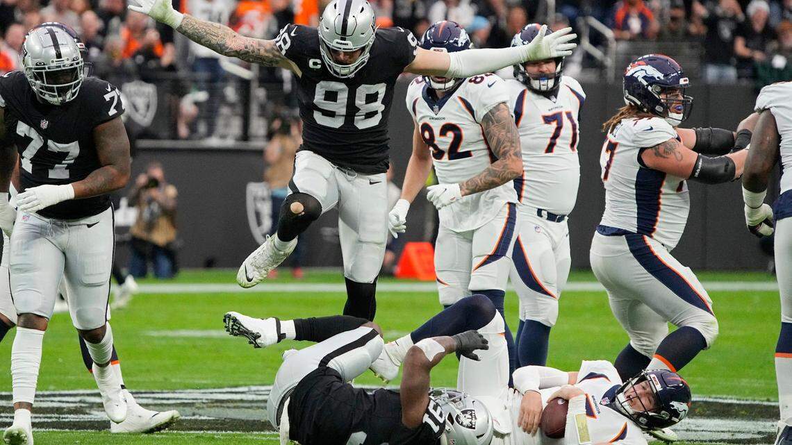 Las Vegas Raiders defensive end Maxx Crosby celebrates after sacking Denver Broncos quarterback Drew Lock during the first half Sunday, Dec. 26, 2021, in Las Vegas.