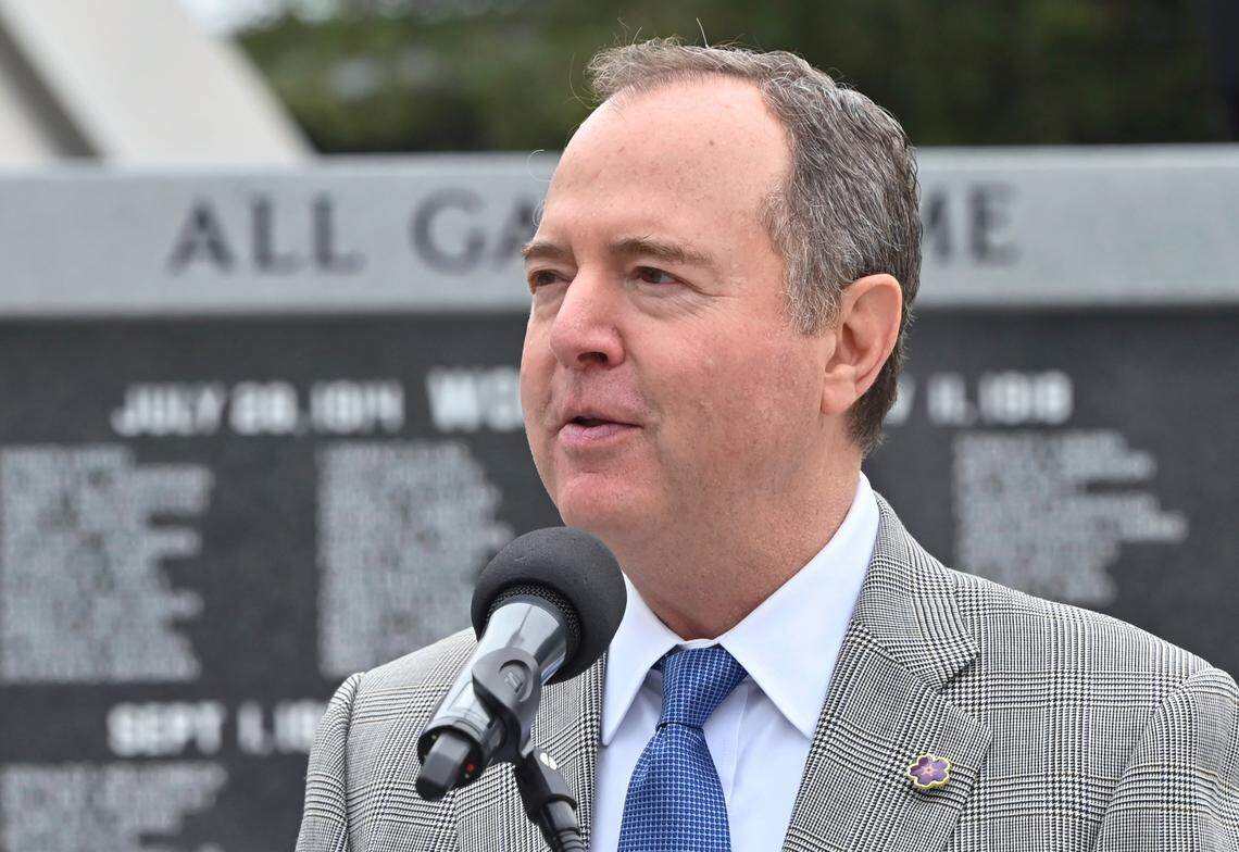 California Rep. Adam Schiff addresses the crowd at the Armenian flag raising ceremony outside Fresno City Hall Wednesday, April 24, 2024 in Fresno.