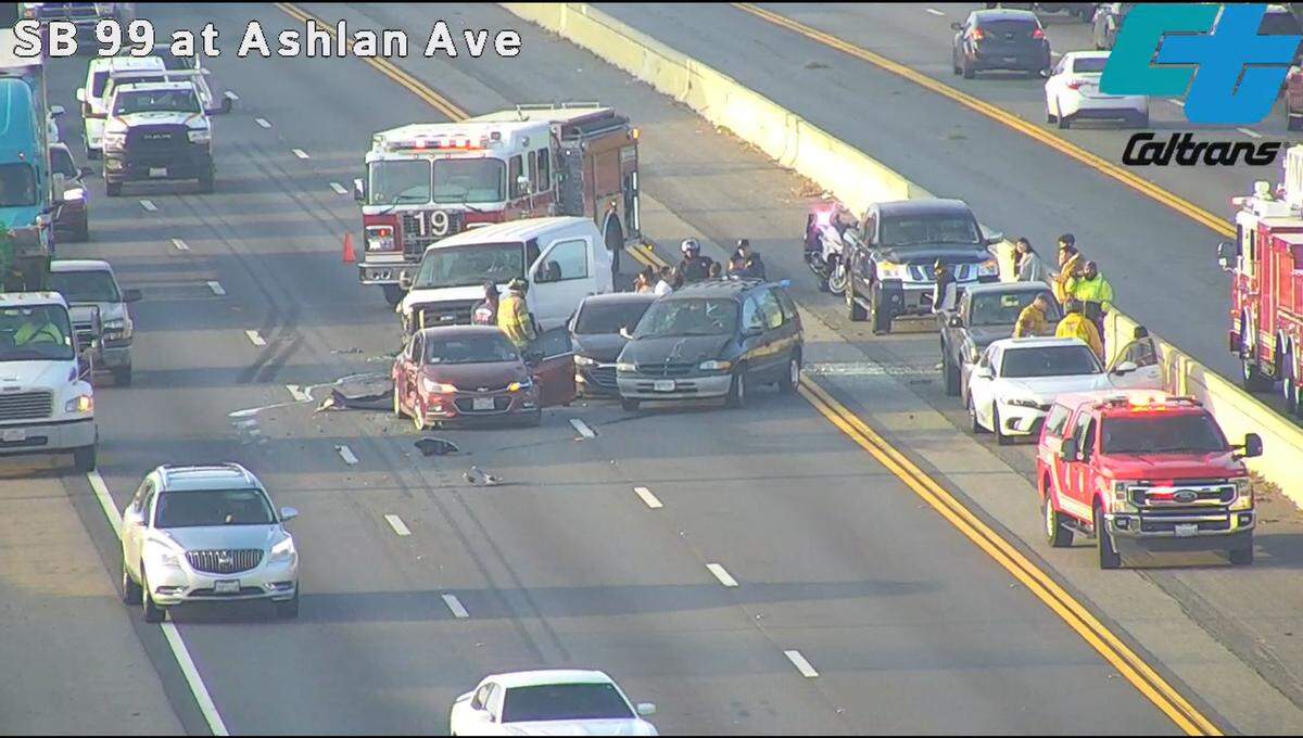 Authorities responded to a multi-vehicle crash near Ashlan in Fresno, California, on Thursday, Dec. 4, 2025.