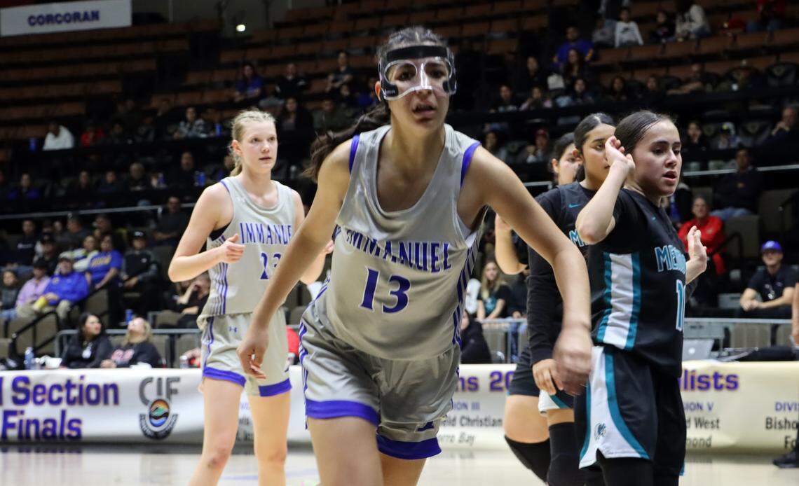 Immanuel High sophomore Nana Moreno chases a lose ball during a 41-29 win over Mendota High in the CIF Central Section Division IV championship game at Selland Arena on Feb. 23, 2024. Moreno finished with 12 points.