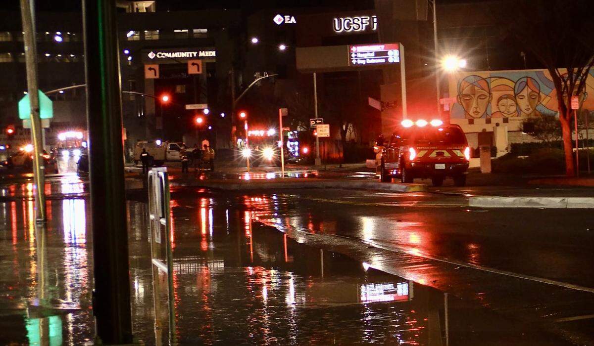 A water main break causes roadway disruptions near Community Regional Medical Center in Fresno, California on Thursday, Jan. 30, 2025.