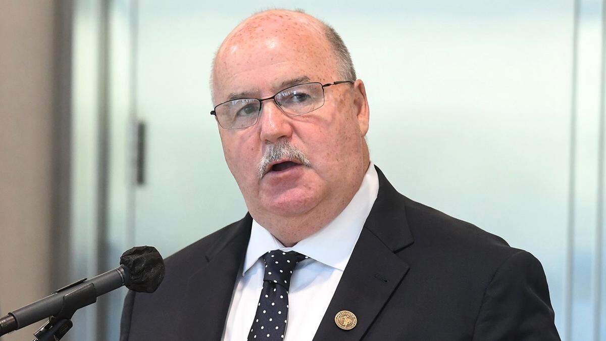 Clovis City Councilmember Drew Bessinger calls for reopening schools at a press conference during the pandemic, in July 2020.