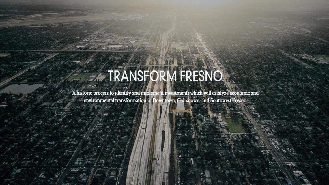 An aerial view of Fresno was used as a visual for the Transform Fresno project, formally known as the Transformative Climate Communities Collaborative program, during a news conference at Fresno City Hall in 2019.