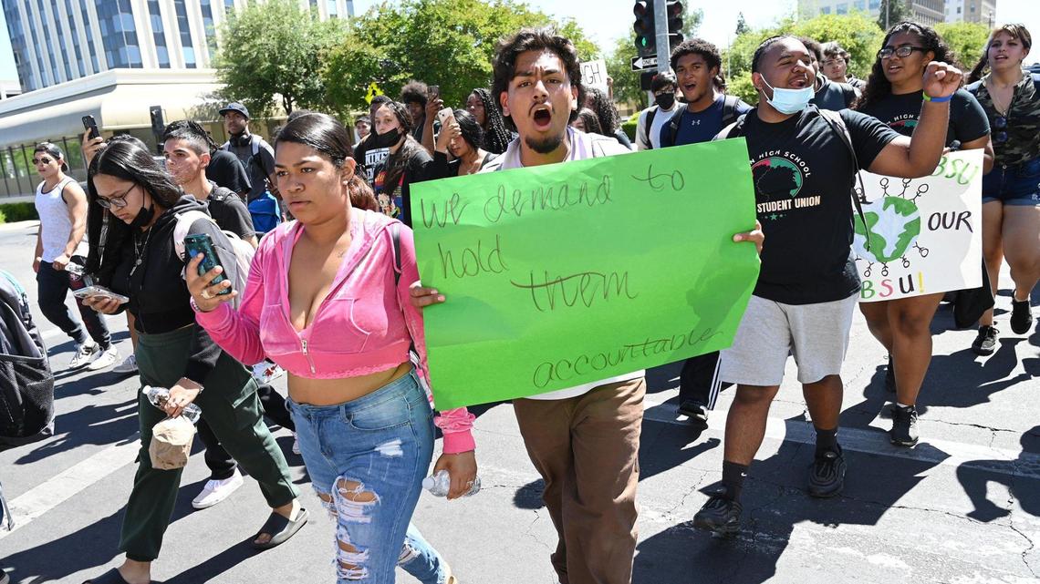 Hundreds of students cross M Street along Tulare Avenue in downtown Fresno. They began their May 6 march at Edison High, and walked to a Fresno Unified school board assembly. It dealt with a racist photo posted to social media earlier in the week at Bullard High.