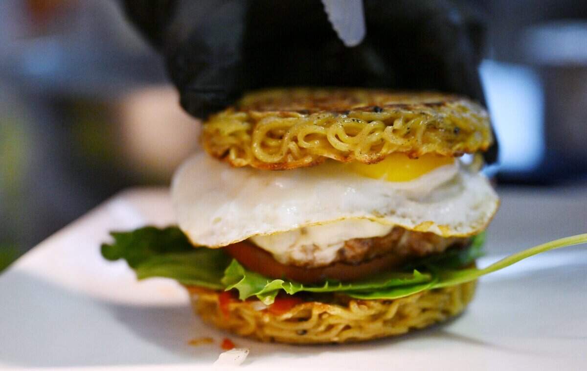 The ramen burger at George Widjaja's Little Leaf Bar & Restaurant, photographed Wednesday, July 15, 2026 in Fresno.