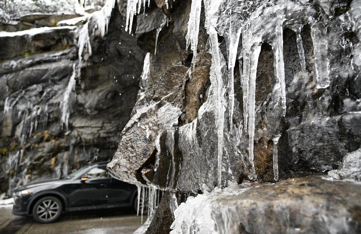 Icicles are seen at Tunnel View in Yosemite Valley as public interest in the annual Firefall at Horsetail Fall approaches this month. Photographed Friday, Feb 9, 2024 in Yosemite National Park.