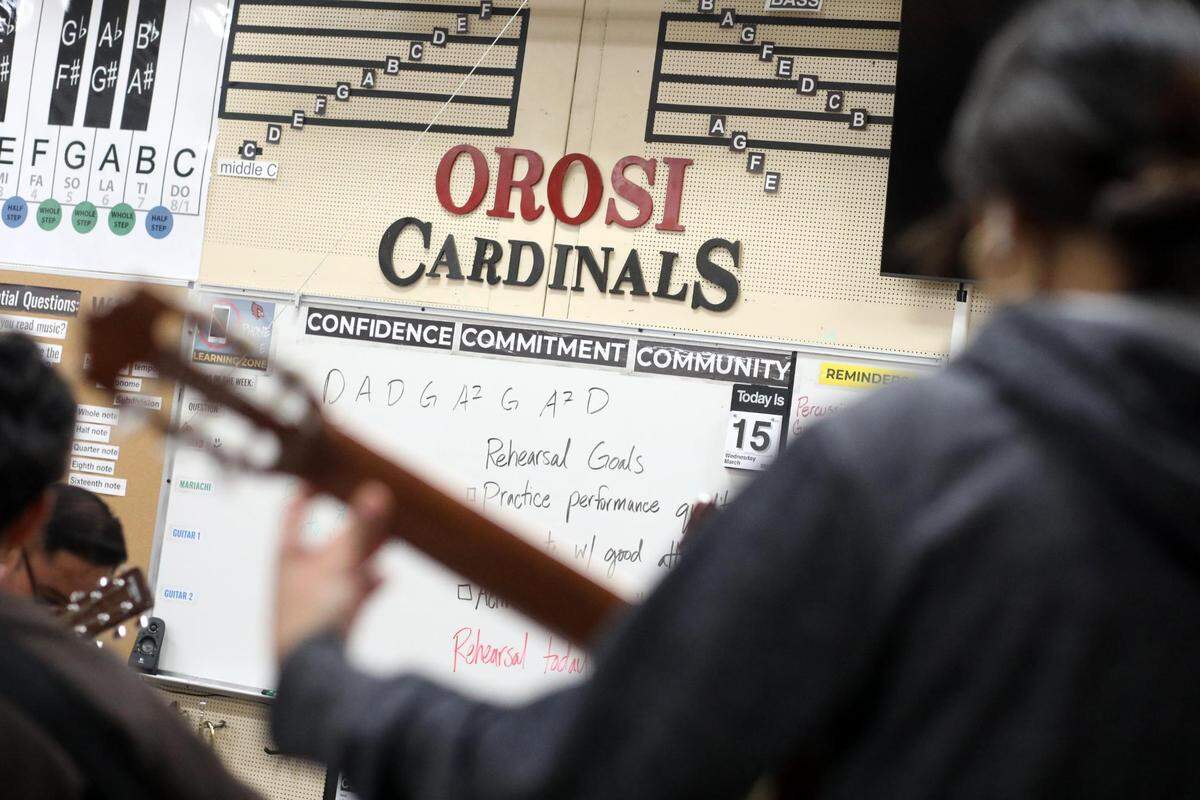 Orosi High School Mariachi Cardenal members during their mariachi class on Wednesday, March 15, 2023.