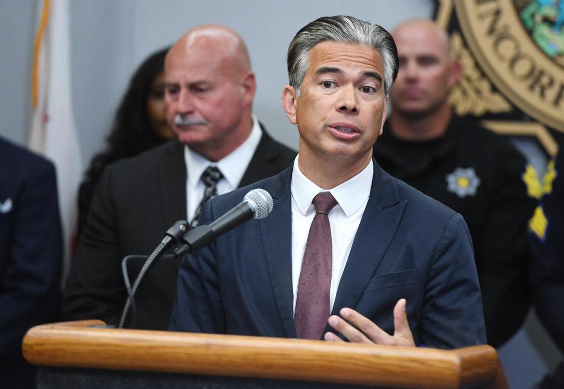 California Attorney General Rob Bonta addresses the media in a joint press conference announcing the results of a 5-month long investigation into street gangs called No Fly Zone, on Friday afternoon, April 15, 2022 in Fresno.