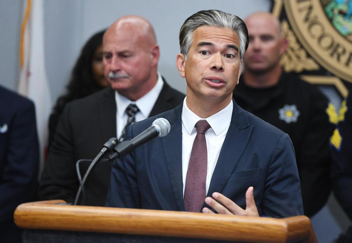 California Attorney General Rob Bonta addresses the media in a joint press conference announcing the results of a 5-month long investigation into street gangs called No Fly Zone, on Friday afternoon, April 15, 2022 in Fresno.