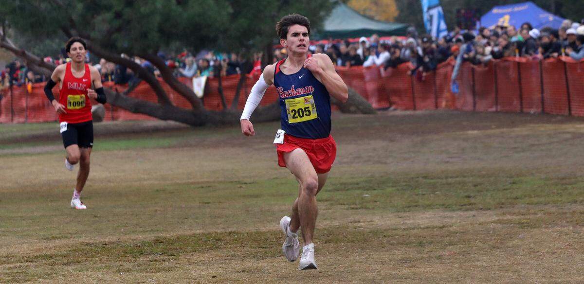 Buchanan High senior Luke Sanders finished third in 15:06.5 over the 5-kilometer course at Woodward Park during the CIF State Boys Division I Cross Country Championships on Nov. 30, 2024.