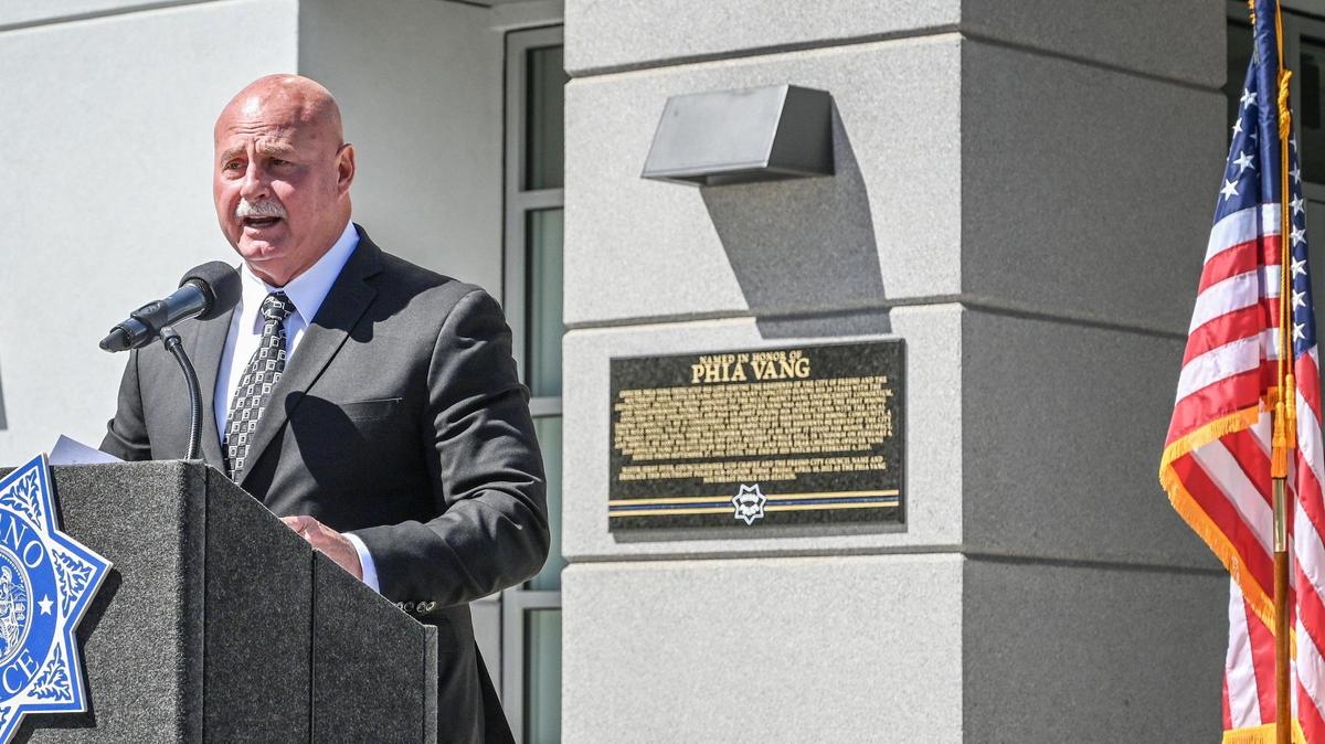 Fresno Mayor Jerry Dyer speaks about former Fresno police officer Phia Vang during a dedication ceremony for the Fresno Police Department’s southeast district station, which is being named in honor of Vang, on Friday, April 15, 2022.