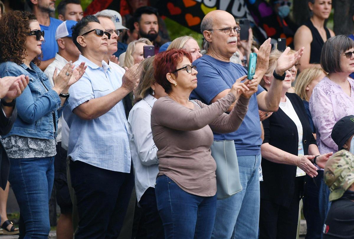 The crowd of supporters applauds local clergy speaking out against the raising of the Pride flag at Fresno City Hall and other forms of LGBTQ” recognition as Cornerstone Church, Adventure Church and others hold a press conference at Eaton Plaza Wednesday, June 22, 2022 in Fresno.