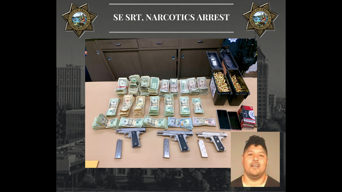 Julio Medrano, 34, was arrested after Fresno police served a drug and weapons search in central Fresno.