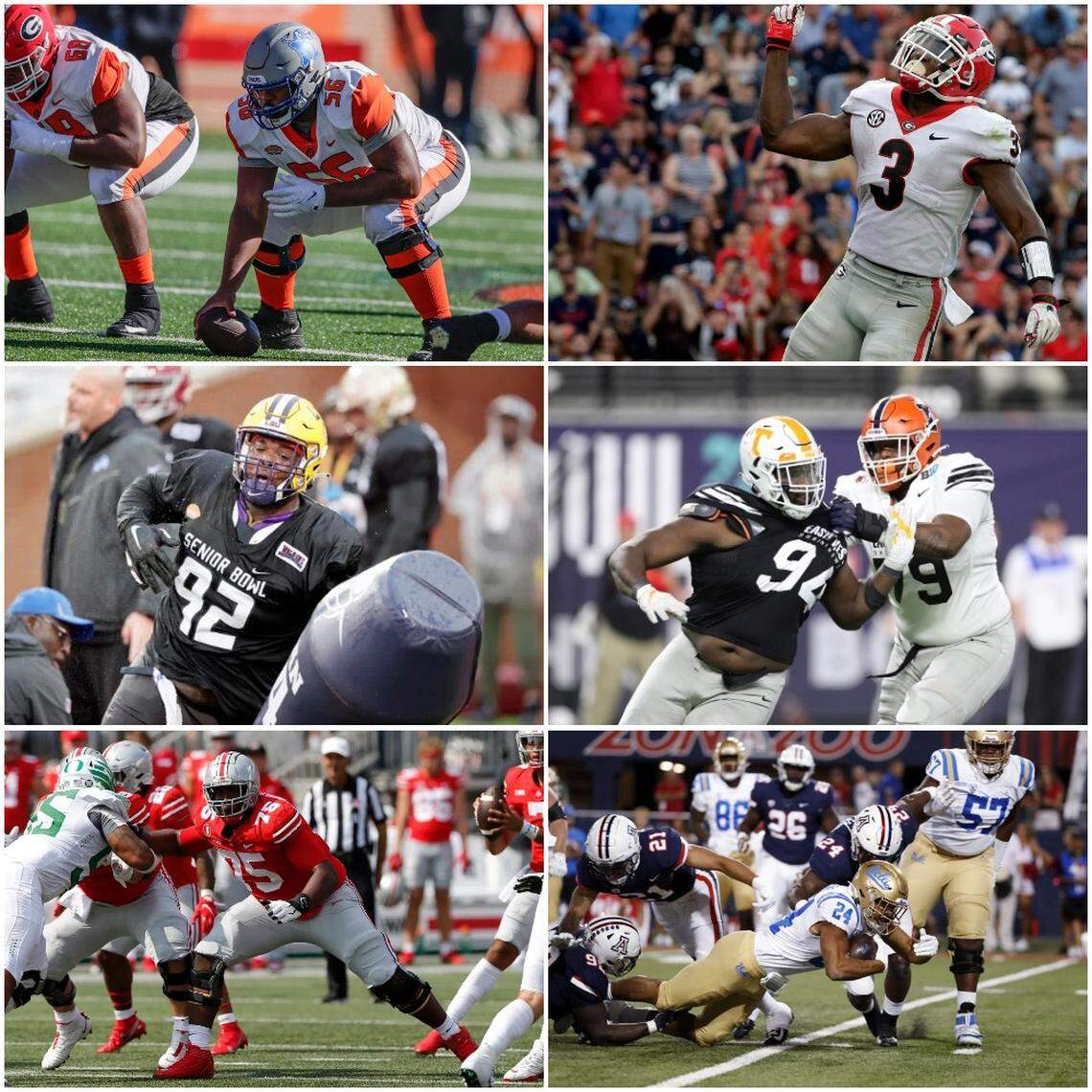The Las Vegas Raiders made six selections in the 2022 NFL draft and took G Dylan Parham (upper left), RB Zamir White (upper right), DT Neil Farrell (middle left), DT Matthew Butler (middle right), OT Thayer Munford Jr. (lower left), and RB Brittain Brown (lower right).