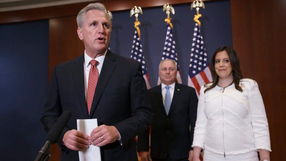 House Minority Leader Kevin McCarthy, R-Bakersfield, left, Minority Whip Steve Scalise, R-La., and Rep. Elise Stefanik, R-N.Y., speak to reporters at the Capitol in Washington, Friday, May 14, 2021, just after Stefanik was elected the new chair of the House Republican Conference, replacing Rep. Liz Cheney, R-Wyo., who was ousted from the GOP leadership for criticizing former President Donald Trump.