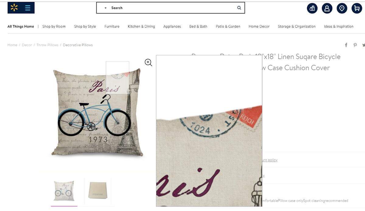 This screenshot of a pillow that was for sale on walmart.com (removed by the company Feb. 5, 2019) shows part of a Nazi swastika and part of a postage stamp that features Adolf Hitler’s face with the German word “Reich.”