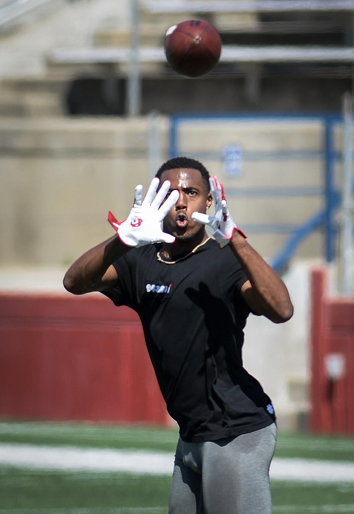 Fresno State wideout KeeSean Johnson participates in the field evaluation portion of Fresno State football’s Pro Day at Bulldog Stadium on Monday, March 18, 2019.