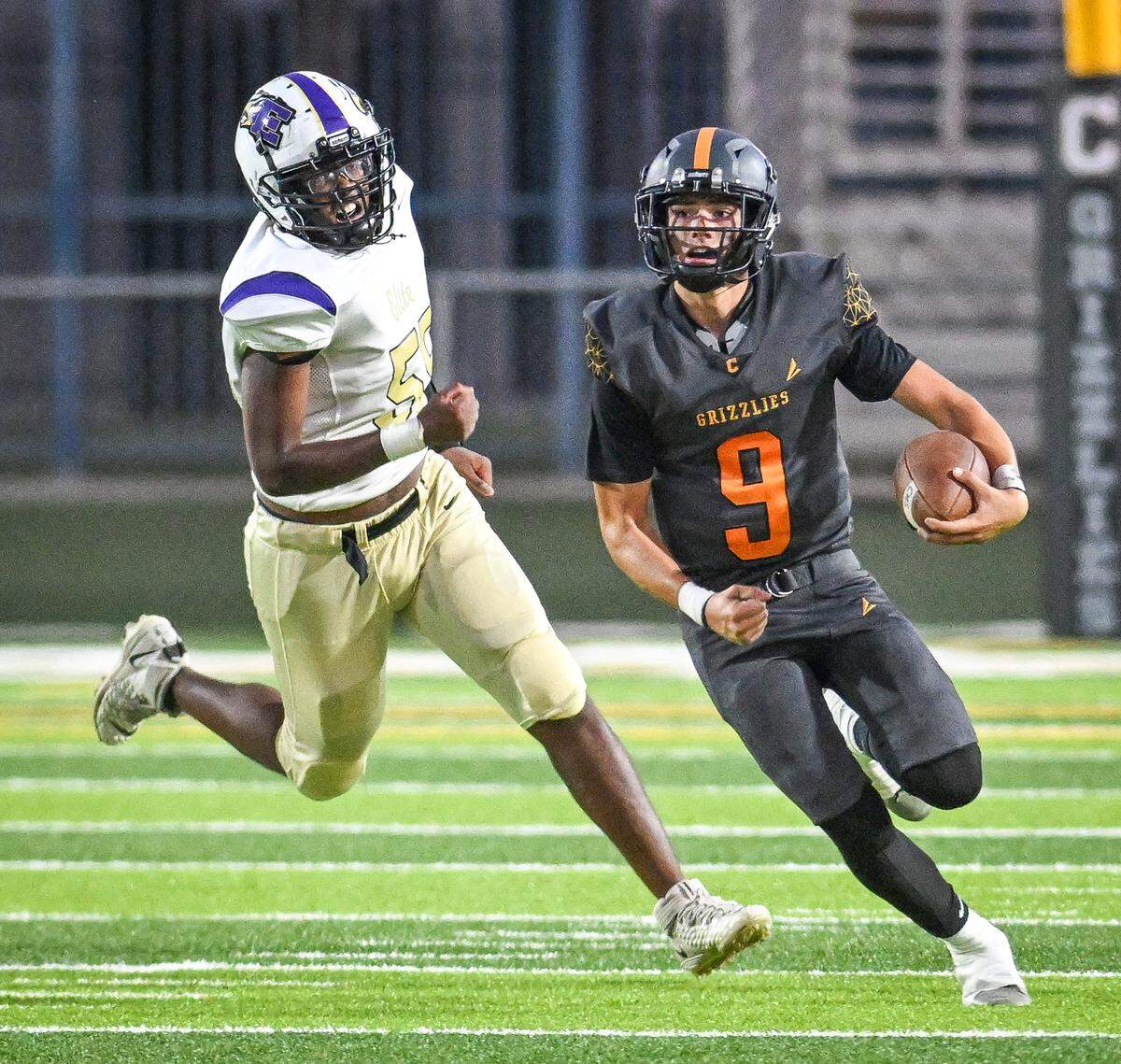 Central West quarterback Andrew Sanchez looks for an opening on a keeper against Elite-Vallejo during their game at Koligian Stadium on Thursday, Aug. 21, 2025. 