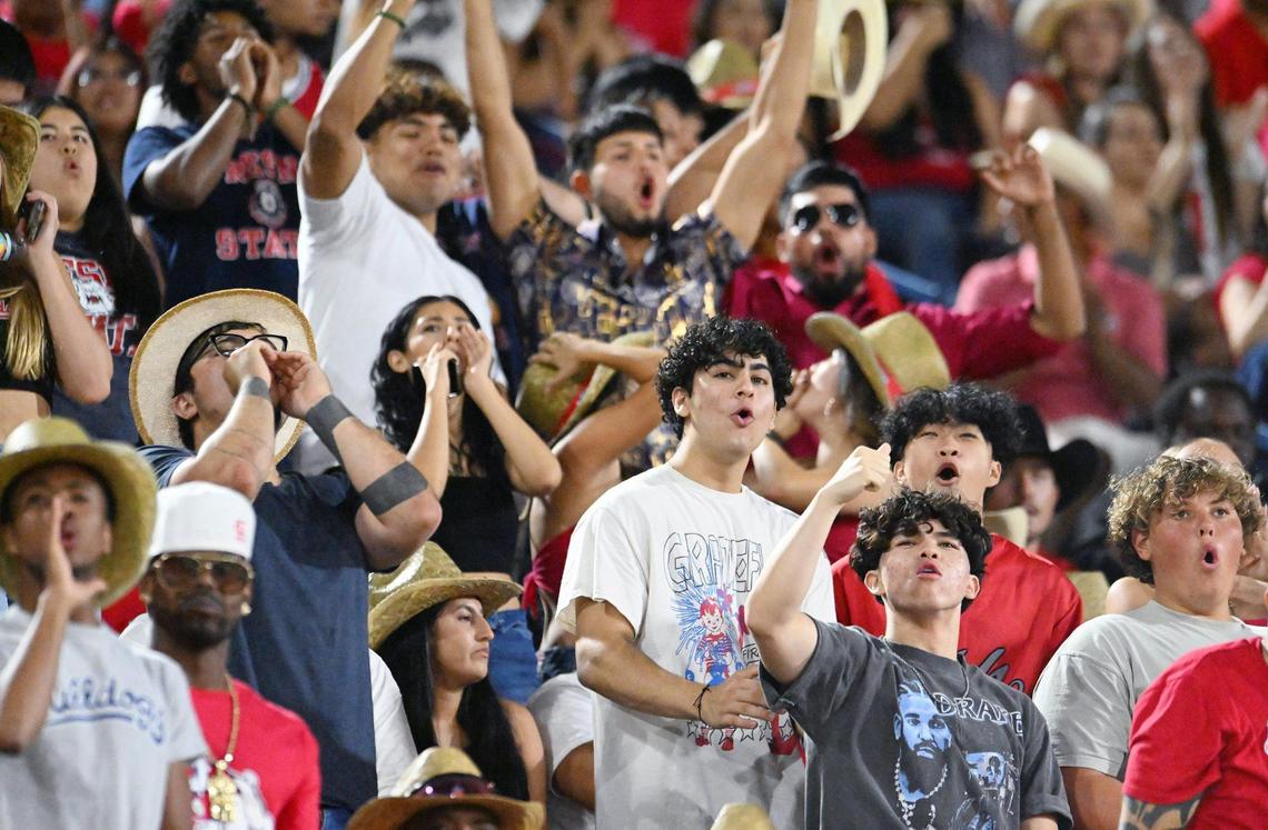 Fans cheer from the Fresno State student section during the Bulldogs’ 53-10 victory over Kent State Saturday, Sept. 23, 2023 in Fresno.