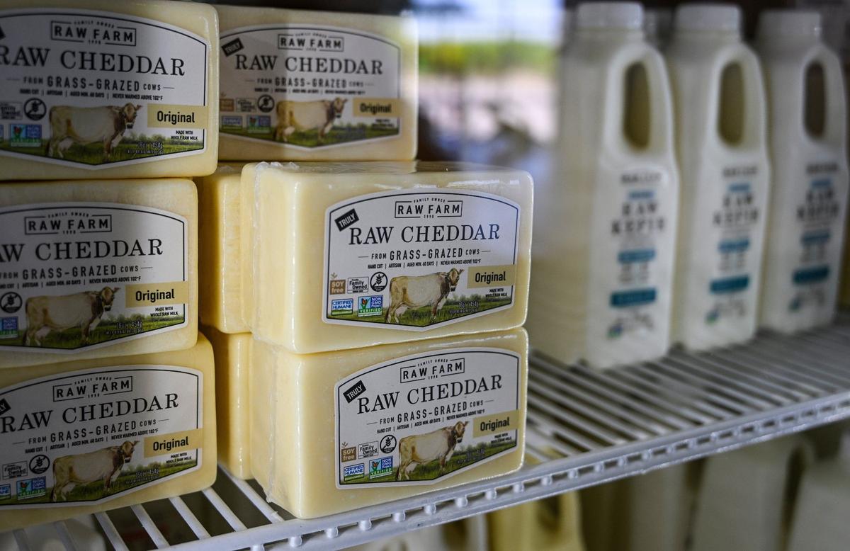 Raw cheddar cheese is displayed in a refrigerator at the Raw Farm USA dairy store in Fresno County on Friday, June 14, 2024.
